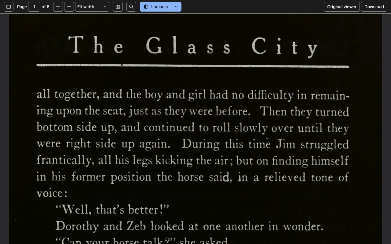 A scanned book page shown dark: light text on a dark page in Lumadia's PDF viewer.