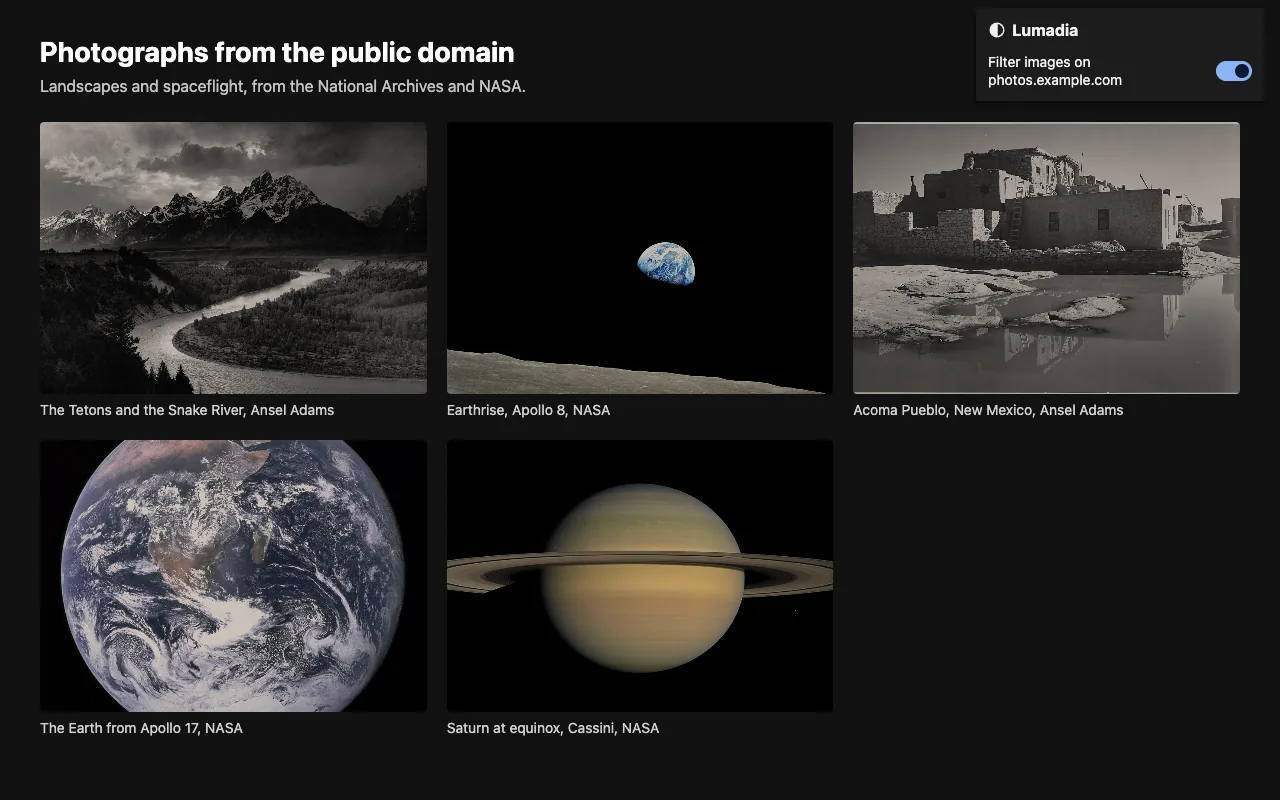 A web page of photographs, dimmed and warmed, with Lumadia's toolbar popup open.